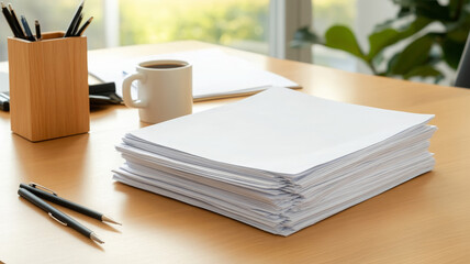 Cluttered office desk with large stack of blank papers, pens, and coffee cup, creating