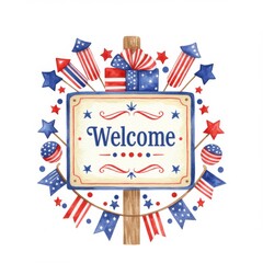 Watercolor Patriotic Welcome Sign with Fireworks