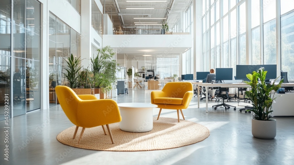 Aufkleber bright and airy office space showcases modern design elements, including yellow seating and greenery