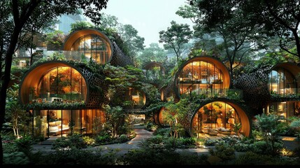 Fantasy village structures with intricate design and natural colors