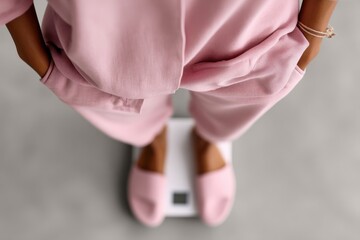 Overhead view of a Black woman in pink pajamas stepping onto a bathroom scale, wearing pink slippers on a neutral gray floor.