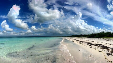 Stunning Seascape: Azure Waters Meet Pristine Sands Under a Dramatic Sky, with Lush Coastal Vegetation Providing a Vibrant Contrast, Presenting a Breathtaking Tropical Paradise.