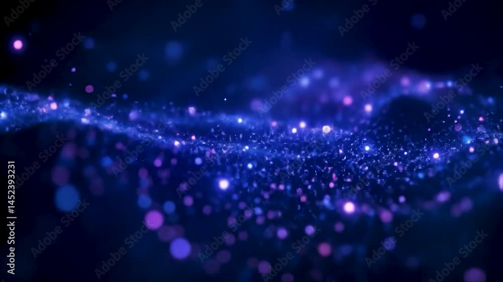 Poster A captivating cosmic scene featuring a fluid wave of sparkling particles in a rich blue and purple palette. Soft, ambient lighting enhances depth and movement, creating a mystical atmosphere. Ideal fo