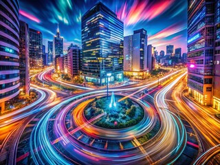 Fototapeta premium Surreal Night Cityscape: Vibrant Intersection of Lights and Roads