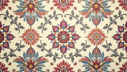 Intricate repeating floral damask pattern in muted tones, pattern, print, intricate