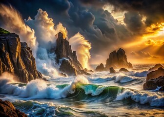 Fototapeta premium Surreal Ocean Waves Crashing on Rocky Coastline - Dramatic Seascape Photography