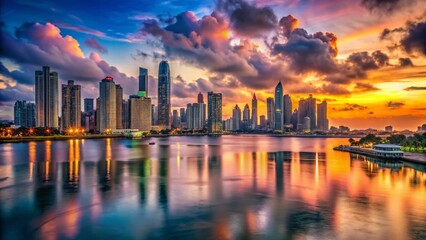Fototapeta premium Surreal Panama City Skyline: Floating Buildings Over Bay of Panama