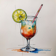 Colorful cocktail with lime slice and straw served in an elegant glass on a light background