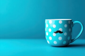 Turquoise polka dot mug with novelty mustache sits on matching surface in front of solid turquoise backdrop studio setup