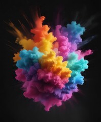Multicolored powder cloud explodes against black, intense movement,  colorful,  bright,  motion