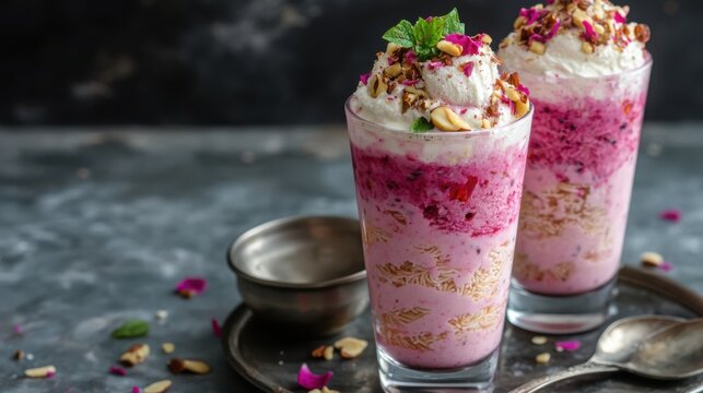 Kulfi falooda - traditional Indian ice cream with vermicelli, rose syrup and nuts in tall glas