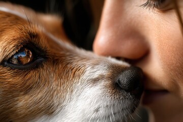 Close-up of Dog's Snout Touching Person's Nose, Affectionate Moment, Detailed Fur Texture, Warm Lighting, Expressing Bond