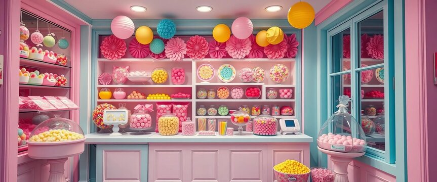 Pastel candy shop, large windows, colorful sweets, playful decor,  sprinkles,  delicious