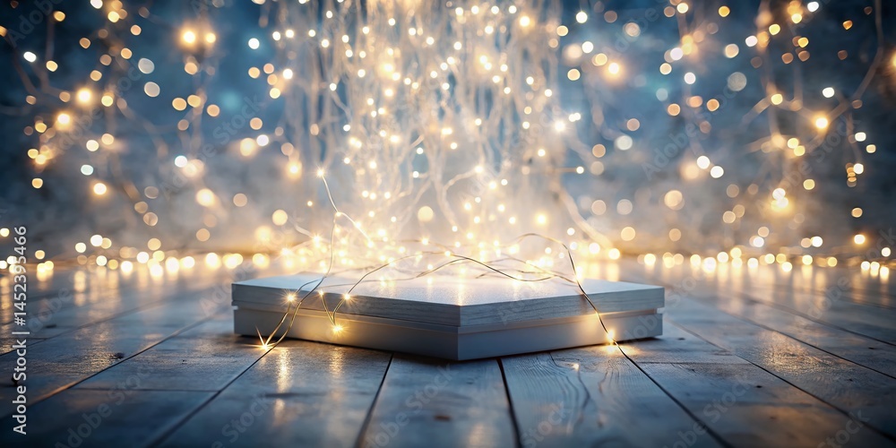 Poster surreal white platform with string lights: dreamy ethereal night scene