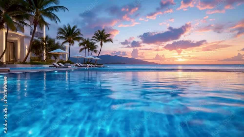 Poster serene poolside scene at twilight, reflecting vibrant sunset hues. lush palm trees frame the composi