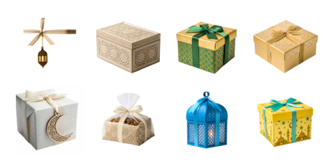 Elegant Eid Gift Box Bundle – 8 Transparent PNG ImagesIsolated on transparent background