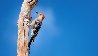 one gila woodpecker clinging to a branch with a blue sky background melanerpes uropygialis copy space