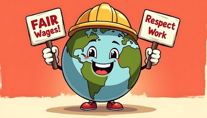 Cartoon earth wearing hardhat advocating for workers' rights and fair treatment