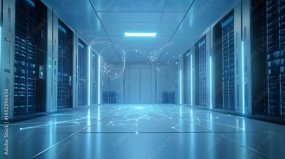 Aufkleber futuristic data center interior with network connections and server racks illuminated by soft blue l
