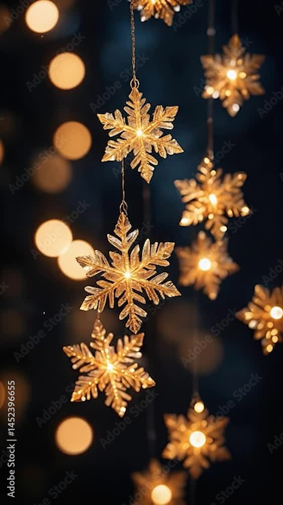 Poster Delicate, illuminated snowflakes dangle gracefully against a dark backdrop. Warm, glowing bokeh lights create a festive atmosphere, enhancing depth. The intricate details and shimmering surfaces of th
