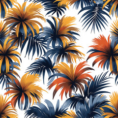 Vibrant tropical leaf pattern with orange, blue, and green colors set against a white background