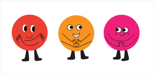 Cartoon circles with expressive faces and gestures standing cheerfully
