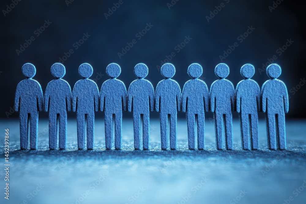 Poster group of stylized human figures representing unity and diversity in a dark blue environment with sof