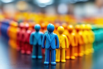 Colorful plastic figurines representing business professionals in a team setting, illustrating diversity and collaboration in the workplace environment