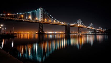 Obraz premium Night Lights Reflecting on Calm Water, Illuminating Suspension Bridge's Majestic Structure at Night, Captivating Cityscape View.