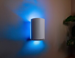 white cylinder device with blue light emission smart home gadget