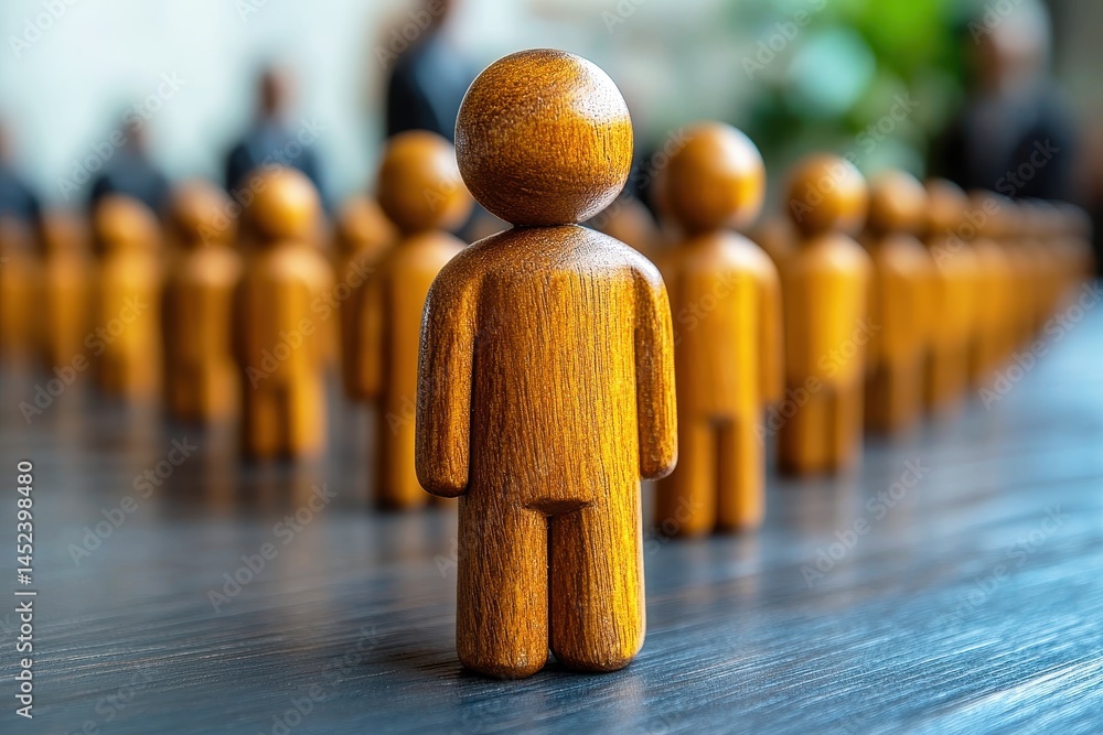 Poster wooden figurines representing individuality in a crowd of abstract unity in a modern business enviro