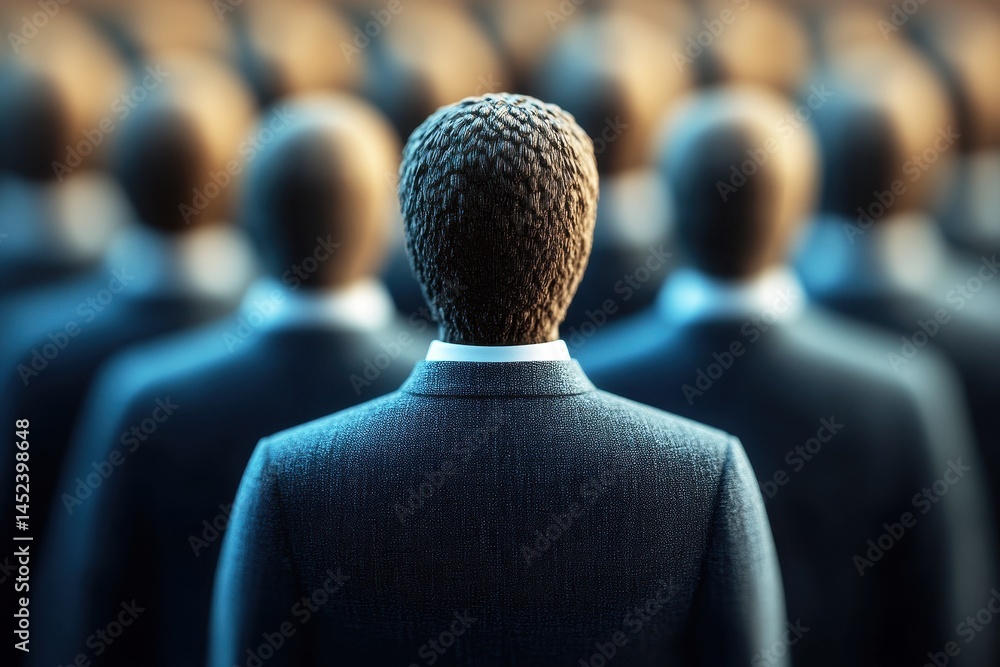 Poster businessman facing a crowd of identical figures in suits representing conformity and collective iden