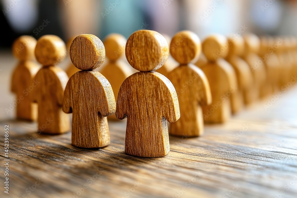 Poster wooden figures standing in a row representing community, connection, and teamwork in a simple design
