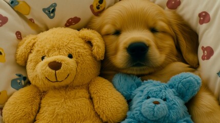 Golden Retriever Puppy Sleeping Soundly with Stuffed Animals