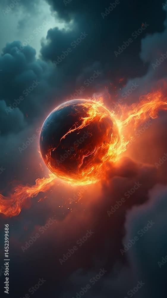 Aufkleber a fiery planet suspended in turbulent clouds, glowing with molten orange cracks. dim lightning highl