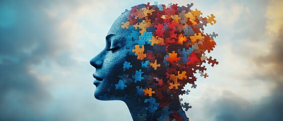 Abstract art of a woman's head composed of puzzle pieces.