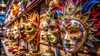 Fototapeta premium Venetian Mask Shop: Colorful Masks Close-Up, Italy Craftsmanship