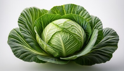 Obraz premium the image features a vibrant green cabbage characterized by its intricately layered spiral patterned leaves on a clean white background
