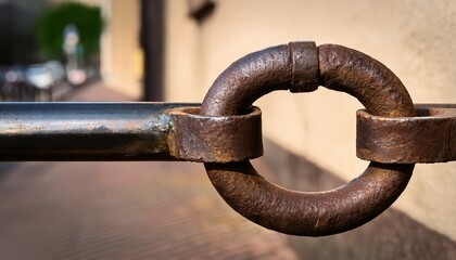 Naklejka premium old grungy metal tie ring on a hitching rail with neutral wall and sidewalk in the background