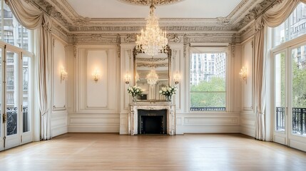 Elegant Grand Ballroom: A Luxurious Interior Space with Ornate Details and City Views