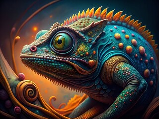Obraz premium Vibrant Chameleon Portrait: Intricate Scales & Decorative Patterns