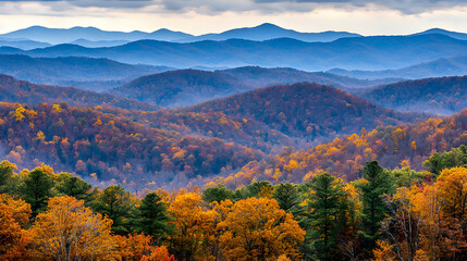 Autumnal mountain vista with layered, hazy, blue-toned ridges and vibrant fall foliage.  Colorful hills and valleys stretch into the distance under a cloudy sky