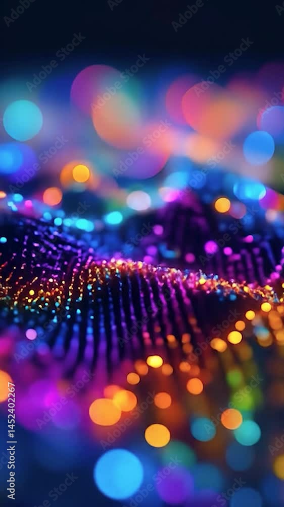 Poster A vibrant abstract scene featuring undulating waves of colorful light and shimmering particles. Emphasize a cool color palette with bright blues, purples, and luminance. The composition should evoke d