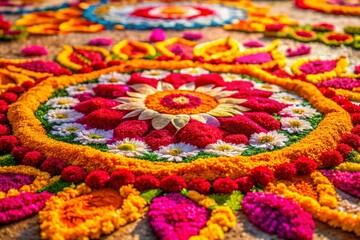 Obraz premium Vibrant Floral Rangoli: Traditional Indian Flower Petal Art Design