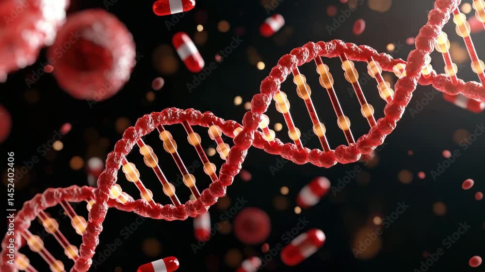 Poster dna strand with red and yellow molecules and floating red capsules in dark background strand