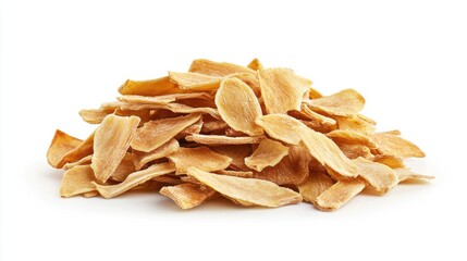 A pile of dried banana chips, thinly sliced and golden yellow, isolated on white background,