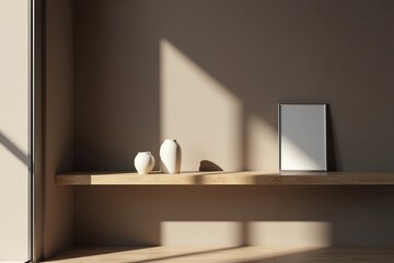 Peaceful interior with vases and frame