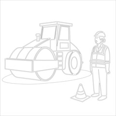 Female Asphalt Paver Operator Engineer in Hard Hat at Industrial Highway Construction Site Roadwork, Safety, Machinery, and Team Collaboration Line Art