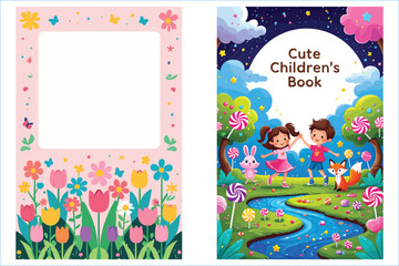 Cute Childrens Book Cover Template With Kids Animals And Sweet Landscape