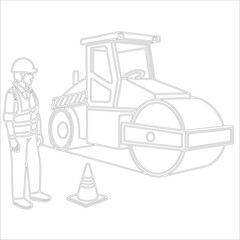 Female Asphalt Paver Operator Engineer in Hard Hat at Industrial Highway Construction Site Roadwork, Safety, Machinery, and Team Collaboration Line Art